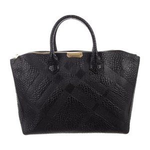 Check-embossed 2way Tote Black Leather Satchel